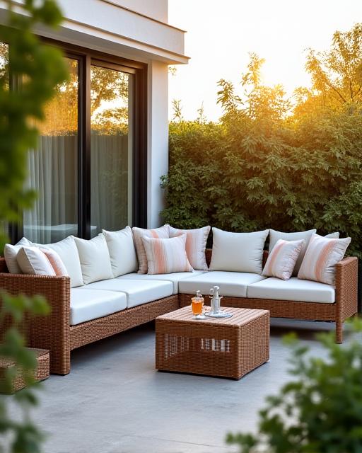 Conjunto de sofás y mesa de exterior en una terraza moderna.