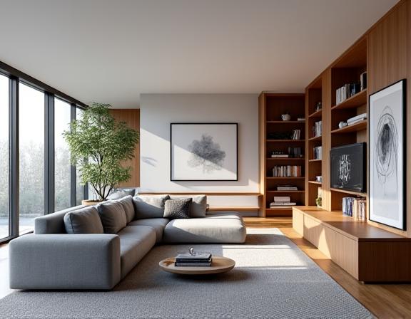 Amplio salón de un apartamento moderno con un sofá seccional gris y estanterías a medida llenas de arte y libros, inundado de luz natural.