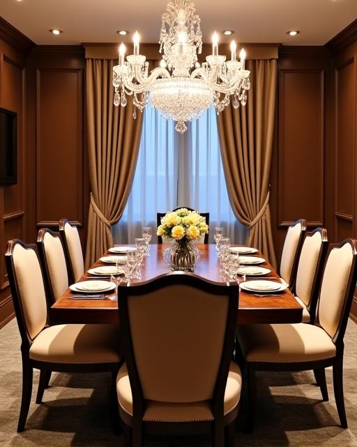 Comedor elegante con una mesa de madera maciza para ocho personas, sillas tapizadas en tono crema y un imponente candelabro de cristal. Perfectamente iluminado.