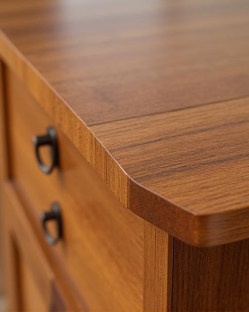 Primer plano de un detalle de la veta de madera natural y el acabado pulido de un aparador artesanal, mostrando la calidad superior de los materiales.