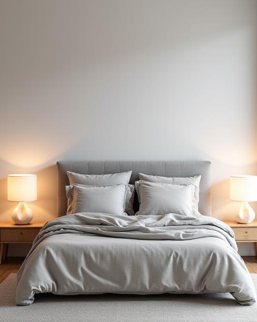 Dormitorio principal con una cama de diseño minimalista, cabecero tapizado de suave color gris y mesitas de noche de madera clara con lámparas esculturales.