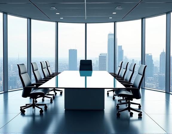 Moderna sala de reuniones en una oficina corporativa con una gran mesa de conferencias de vidrio y sillas de diseño ergonómico, rodeada de ventanales con vistas a la ciudad.