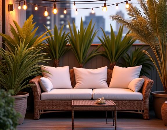 Terraza urbana con mobiliario de exterior confortable, incluyendo un sofá de ratán sintético con cojines blancos, macetas con plantas exóticas y luces de cadena decorativas.