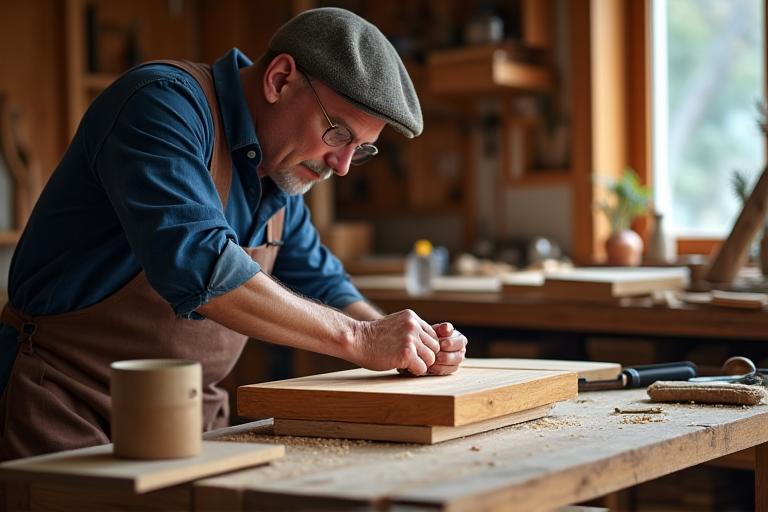 Artesano trabajando en un mueble de madera de alta calidad en el taller.
