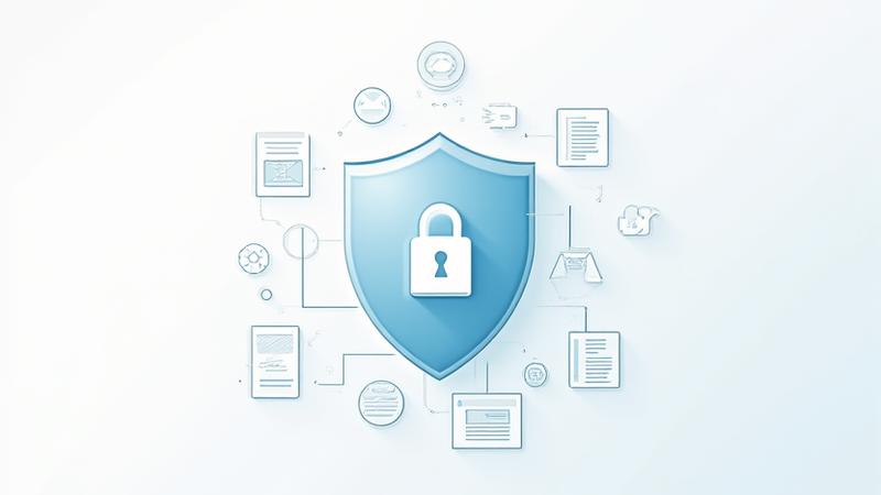 Illustrasjon av databeskyttelse med et skjold over digitale ikoner